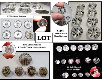LOT of 36 - Vintage Clear Glass Buttons, Plain, Hexed, Starburst, Ball, Pebble
