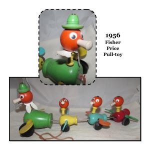 Vintage 1956 Painted Wood Mother Duck & Ducklings Pull Toy by Fisher Price