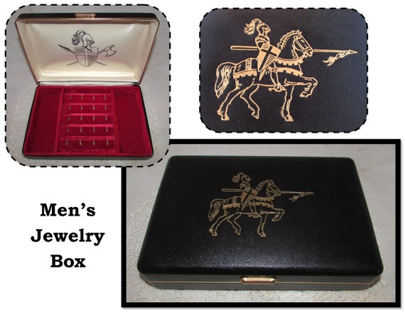 Vintage Mens Black Faux Leather Jewelry Box W/ Gold Medieval 