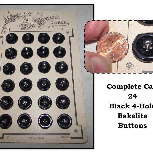 Vintage Black Bakelite 4 Holes Buttons by Haute Nouveaute - Paris