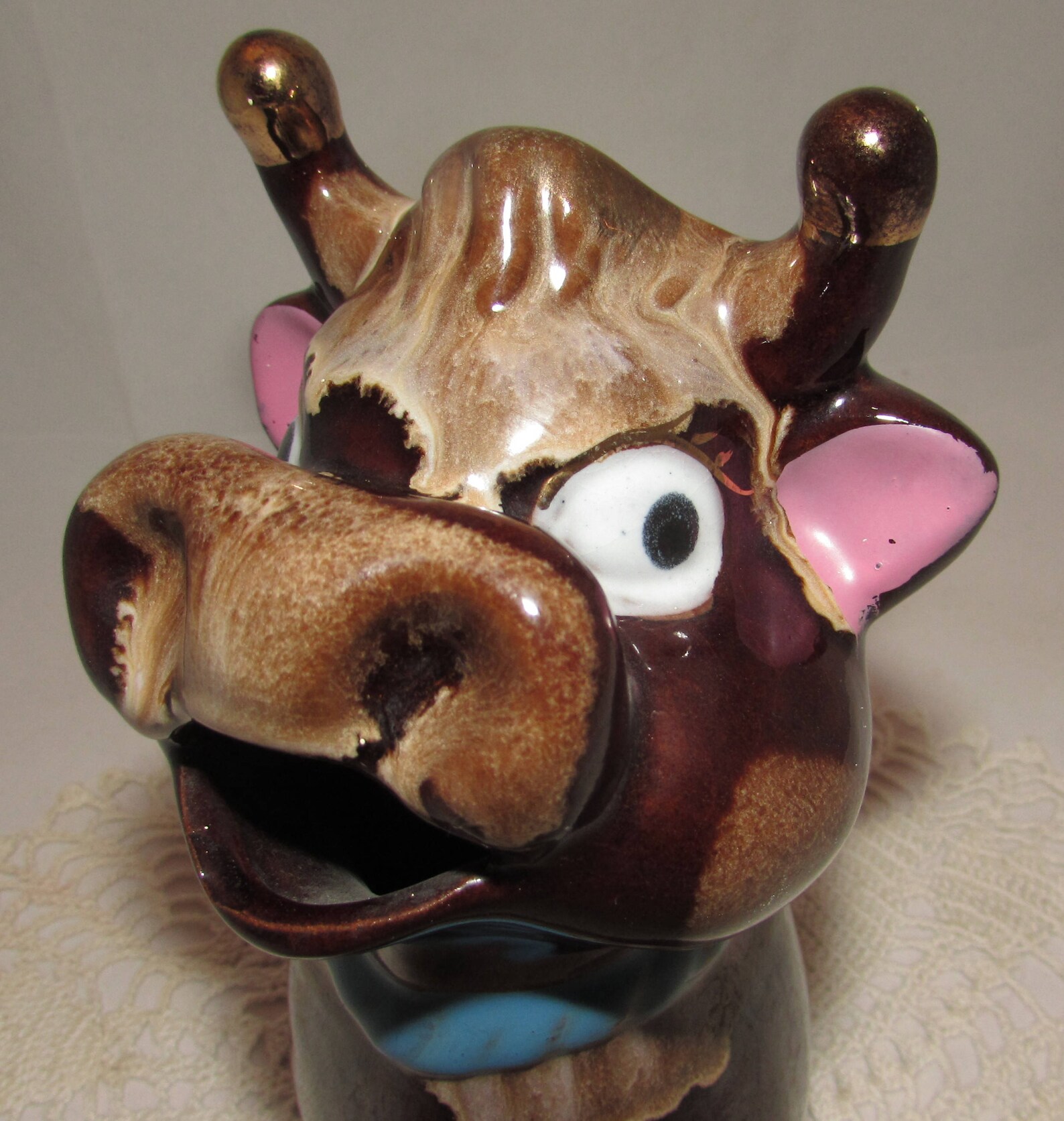 Vintage Ceramic Brown Drip Glaze Cow Milk Pitcher, 60s, Redware Pottery