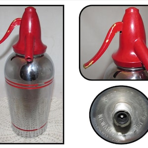 Vintage Chrome Seltzer Siphon Bottle w/ Red Lid & Trim by Sparklet Devices, Newark NJ