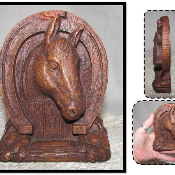 Vintage Wood Composite Horse Head & Horse Shoe Good Luck Figurine