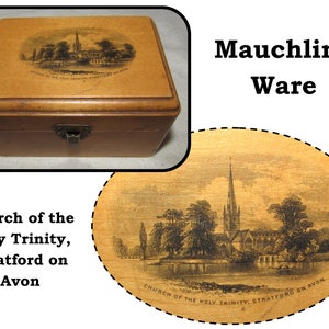 Antique Victorian Souvenir Mauchline Ware Treen Wood Box from Church of the Holy Trinity, Stratford on Avon