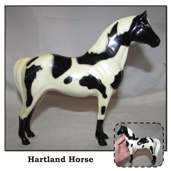 Vintage Shiny Black & White Hard Plastic Pinto Horse Toy Figure by Hartland Plastics
