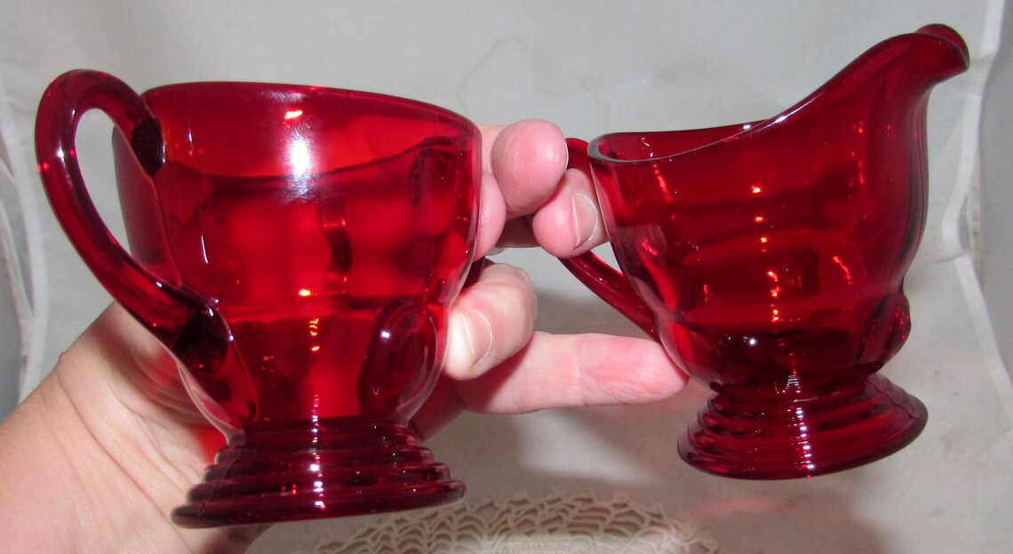 Vintage Ruby Red Glass Sugar & Creamer in Moondrops Pattern by Etsy