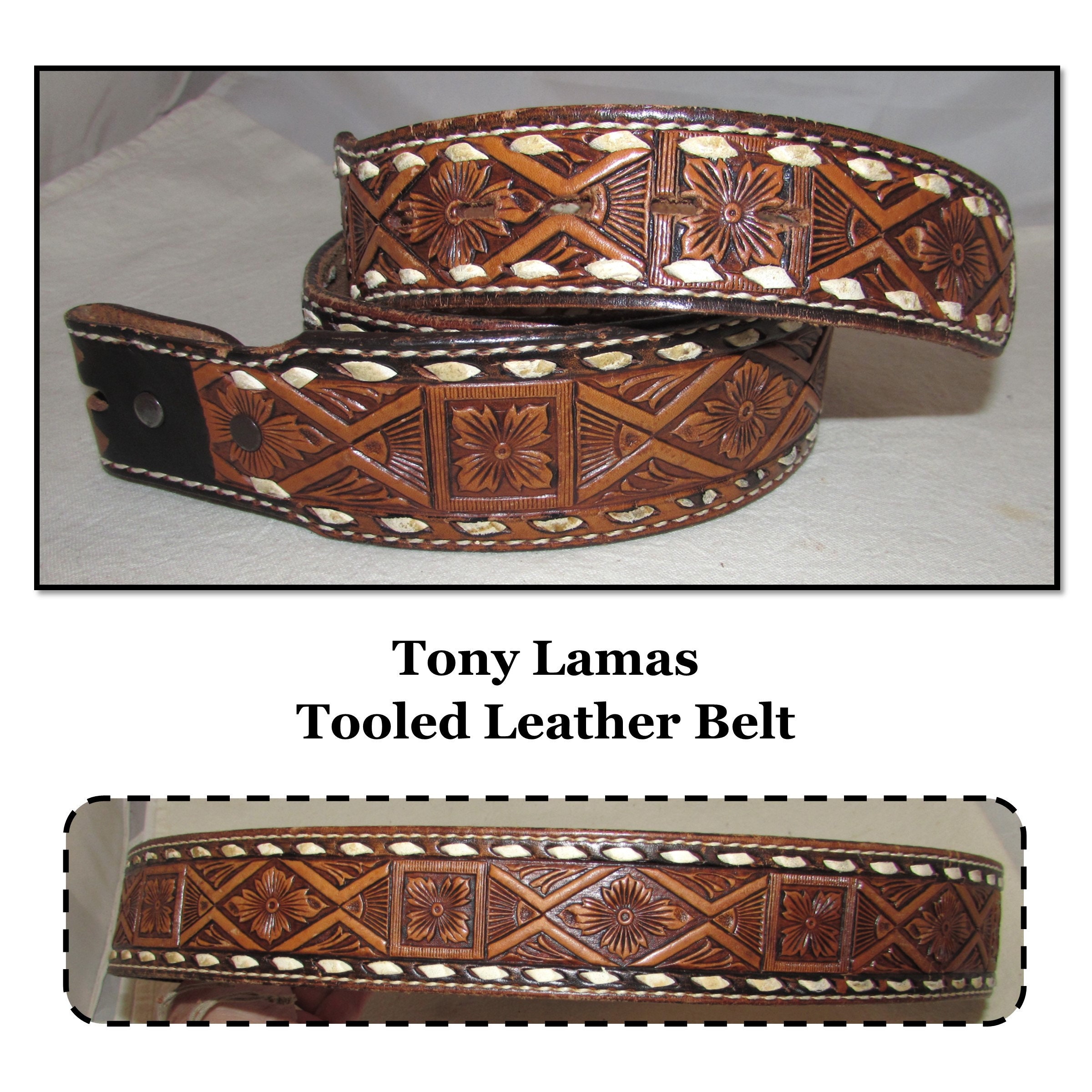 Vintage Tooled Brown Western Leather Belt ONLY by Tony Lama  display picture 1