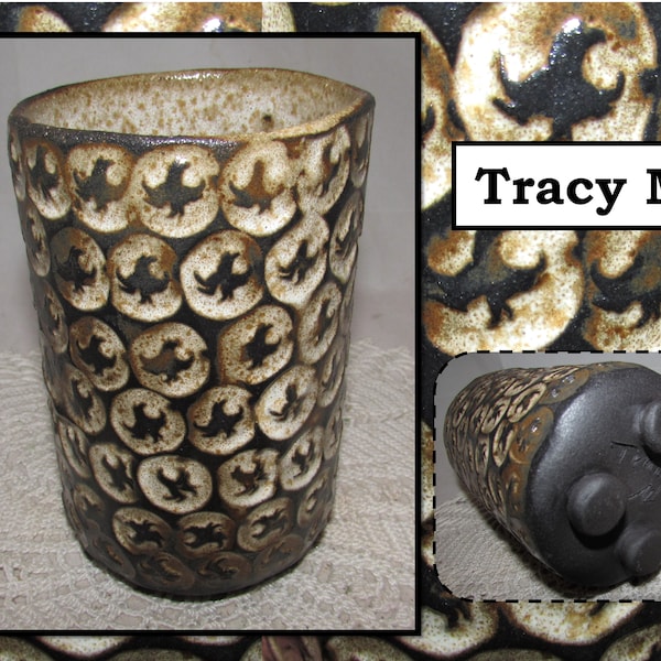 Vintage Brown Pottery Vase with Embossed Phoenix Birds & 4 Bun Feet, Signed Tracy M