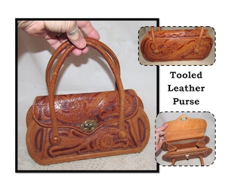 Small Vintage Tooled Leather Handbag Purse with Twist Latch