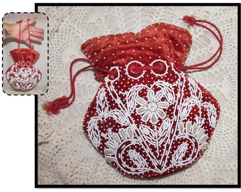 Vintage Red Velvet Beaded Drawstring Pouch Purse, White Beads