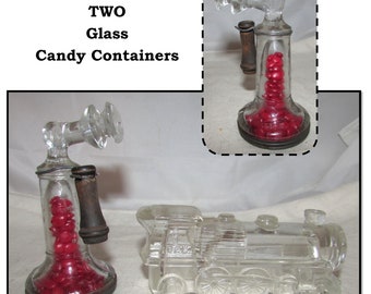 2 - Vintage Clear Glass Candy Containers, Train Engine & Stick Telephone