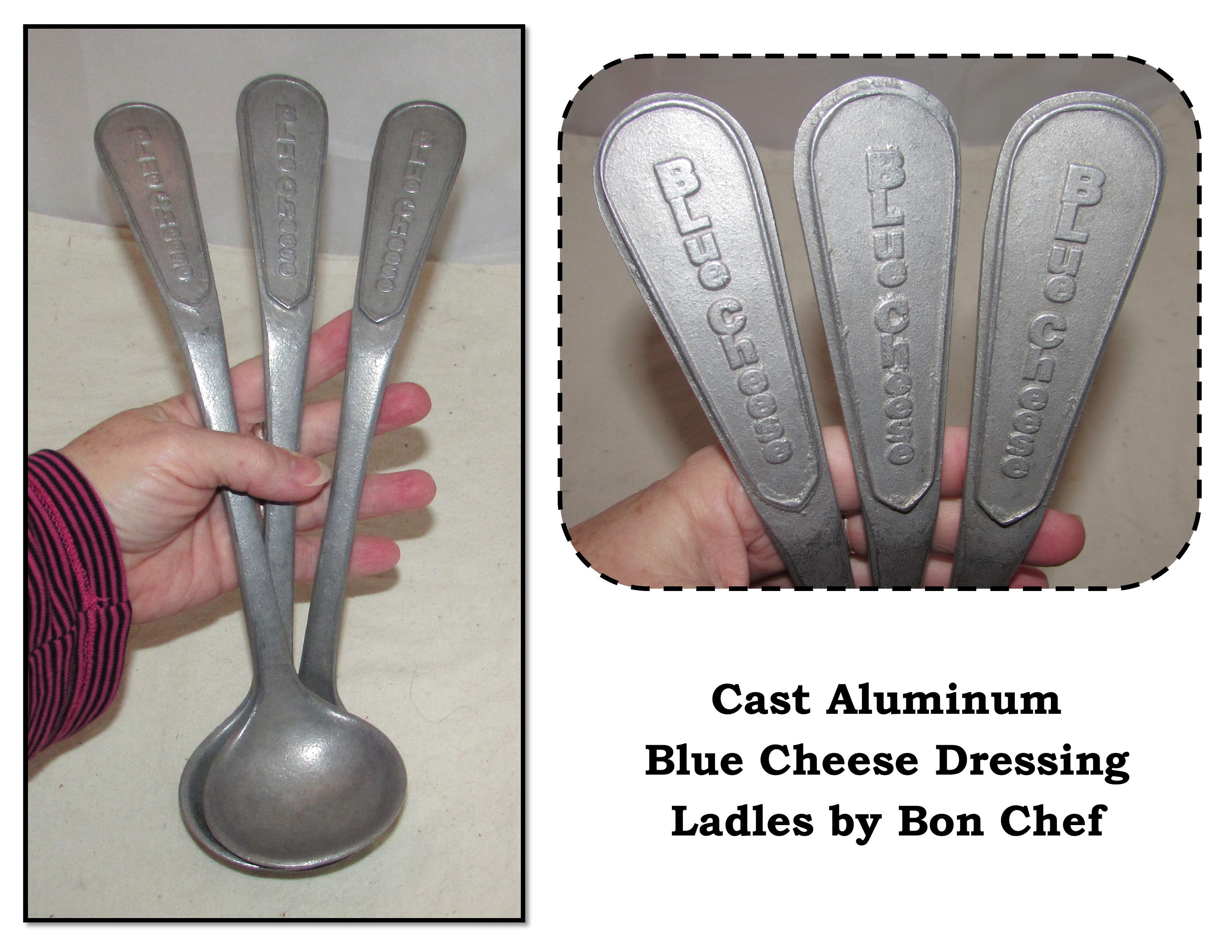 3 Vintage Large Cast Aluminum Blue Cheese Dressing Spoons Ladle by