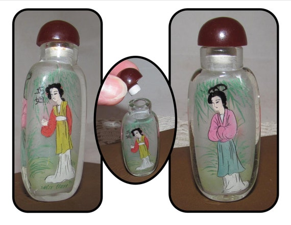 Rabbit Bunny Vintage Chinese Glass Reverse Hand Paint Peking Snuff Bottle