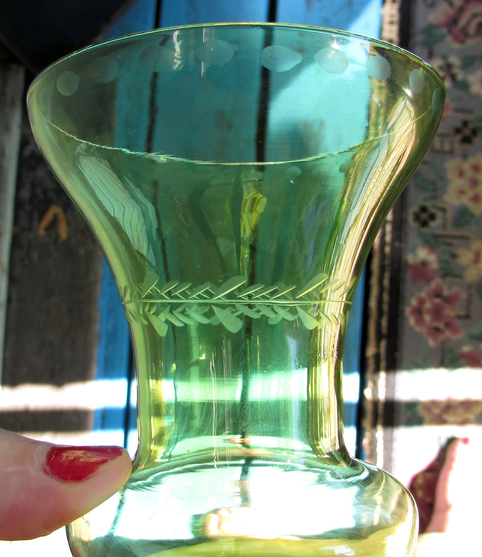 Vintage Hand Blown & Etched Green Glass Bud Vase delicate Etsy