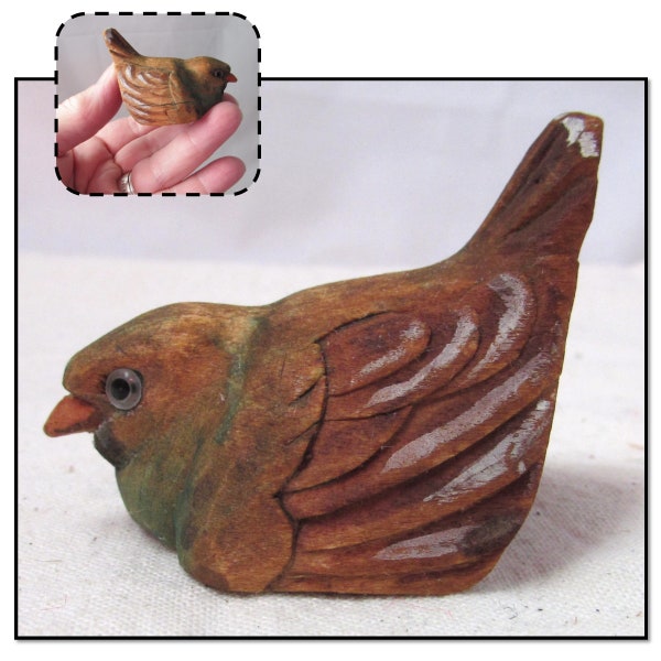 Vintage Mini Hand Carved Wood Bird Figurine, Folk Art