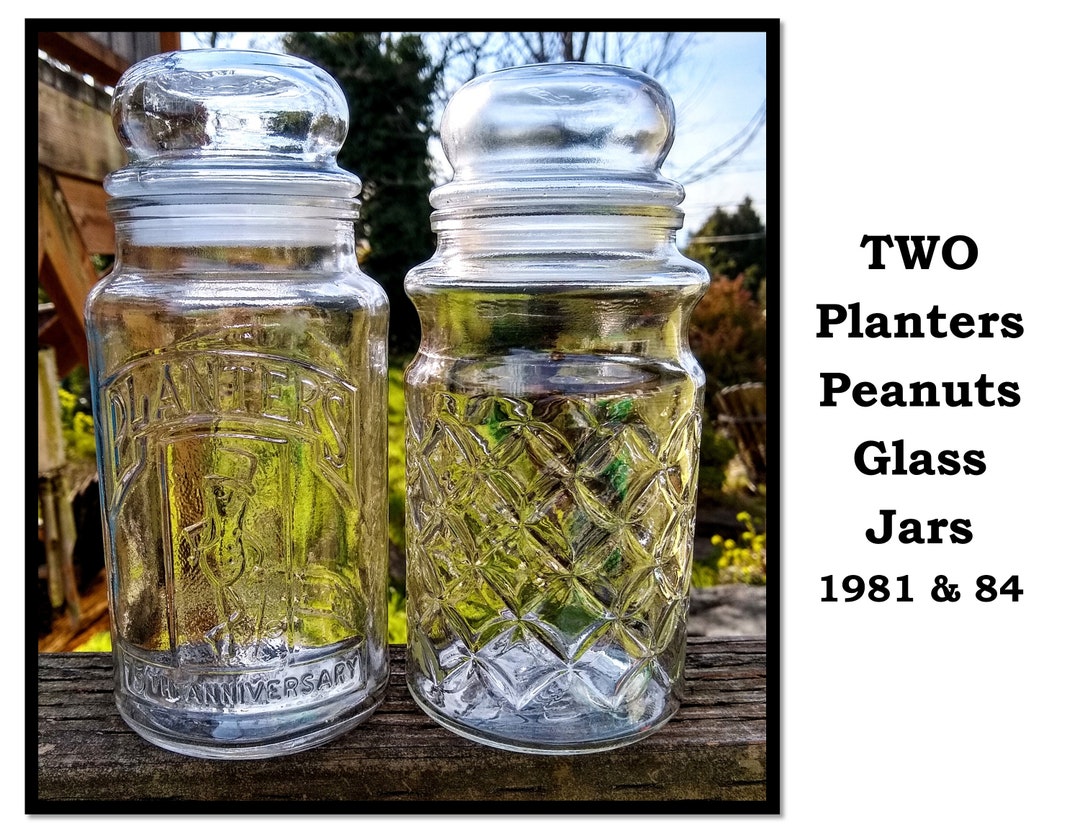 TWO Vintage Planters Peanuts Glass Jars W/ Lids, Mr. Peanut, 1981, 75th