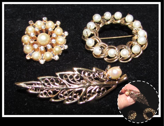 Three - Vintage Gold & Pearl Pins Brooches, Wreat… - image 1