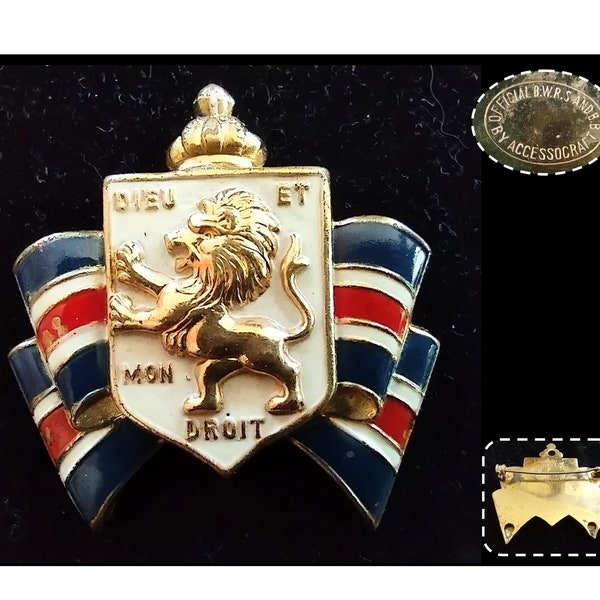 Vintage British War Relief Society Enamel Brooch Pin with Dieu Et Mon Droit, Rampant Lion