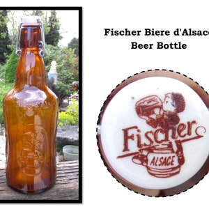 Vintage EMPTY Brown Glass Beer Bottle with Porcelain Flip Top by Fischer Biere d&#39;Alsace, France
