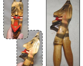 Vintage Hand Carved Handheld Wooden Nutcracker of Devil