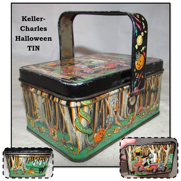 Vintage Halloween Themed Tin with Handle by Keller Charles, Frankenstein