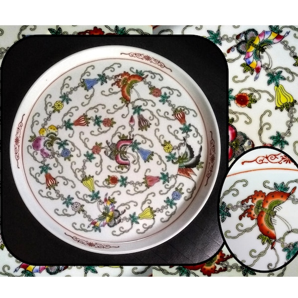 Vintage Hand Painted Cloisonne Style Pottery Plate w/ Asian Flower and Butterfly Motif, Chinese