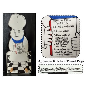 Vintage 1983 Porcelain Kitchen Towel or Apron Pegs, Wall Plaque, Holder by Barney Saltzberg, How to Boil Water