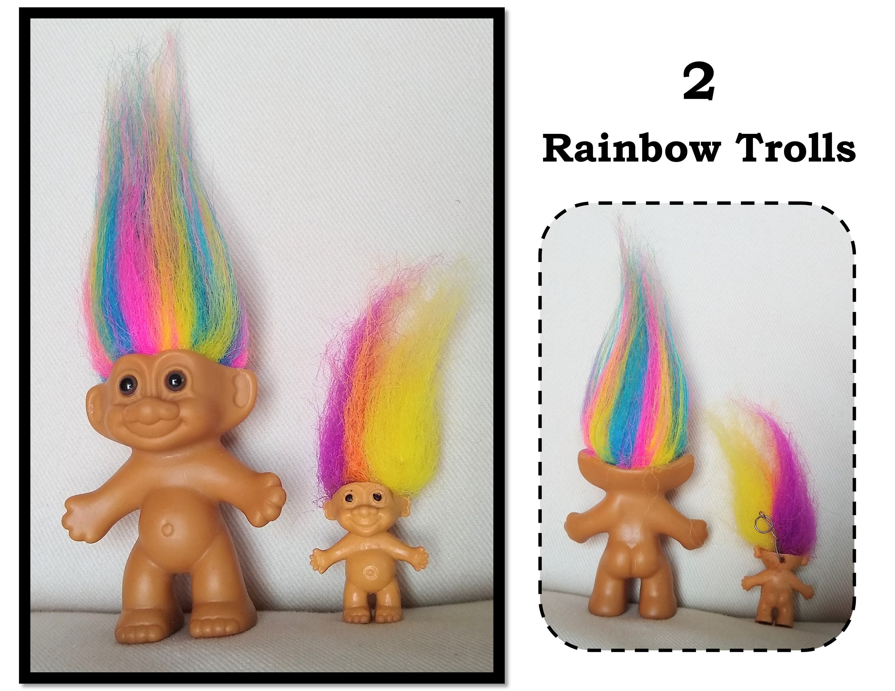 2 Vintage Rainbow Hair Troll Dolls, Russ Berrie & Pixie Troll