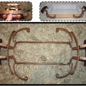 Vintage Adjustable Copper Dish or Pan Holder or Carrier with Wood Handles