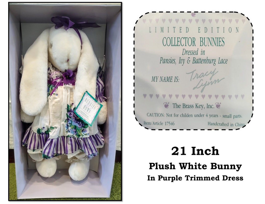 Vintage Large White Plush Bunny Rabbit in Flowered Dress W/ Battenberg ...