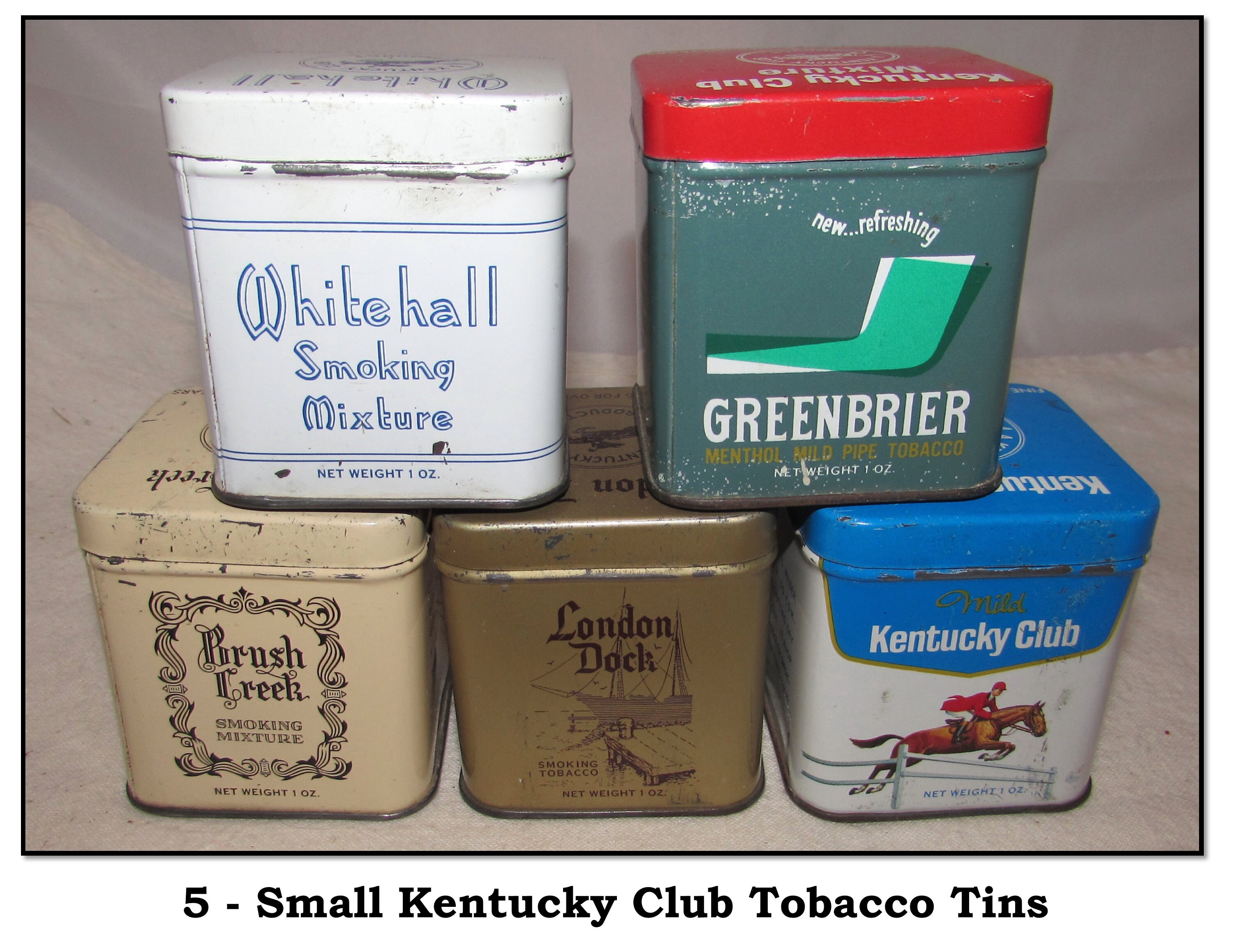 5 Small - Vintage Kentucky Club Smoking Tobacco Tins, Whitehall,  Greenbrier, Brush Creek, London Dock