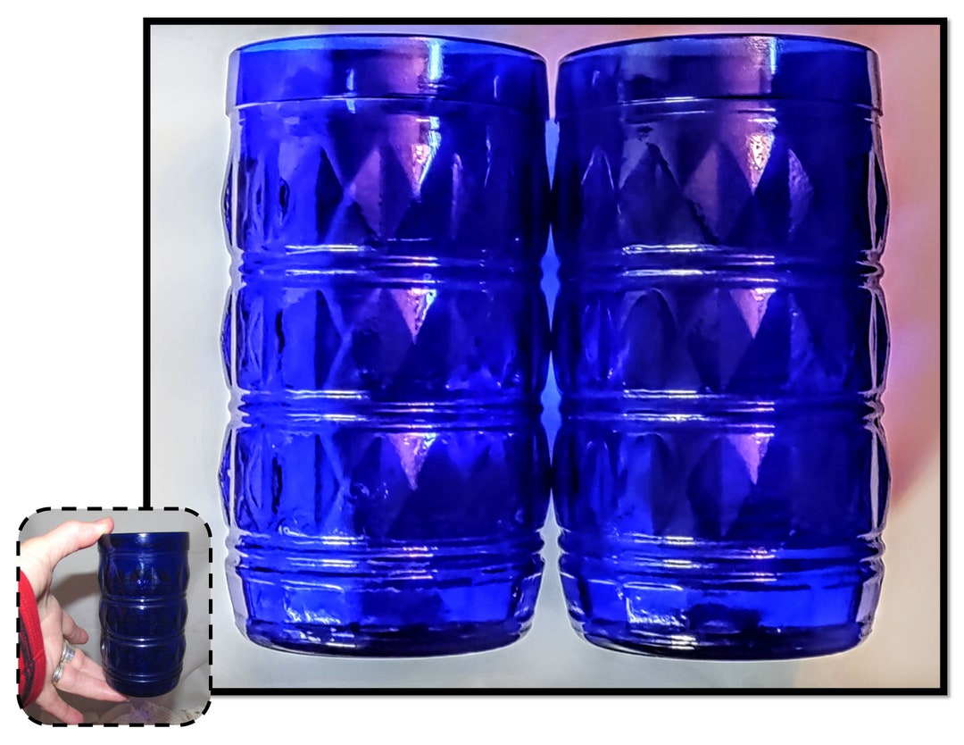 TWO Vintage Cobalt Blue Tumbler Drinking Glasses With Diamond Pattern