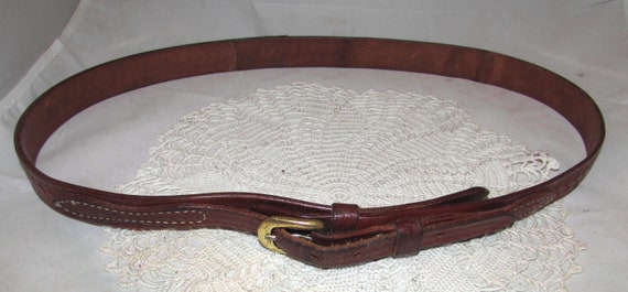 Vintage XL Tooled Brown Leather Belt W/ Brass Removable  display picture 2