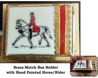 Vintage Brass Matchbox Case Holder w/ Hand Painted Horse Rider Jockey on Porcelain