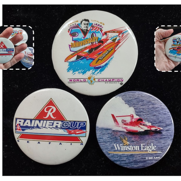 3 - Vintage 90's Seattle Seafair Hydroplane Button Pins, Rainer Cup, Winston Eagle & Littles Anniversary Miss Budweiser