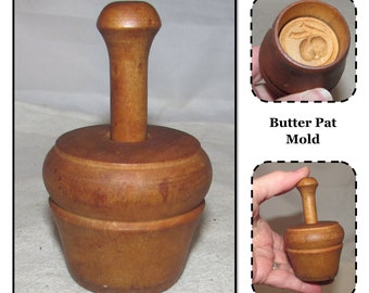 Small - Vintage Wood Butter Pat Mold Press with Apple