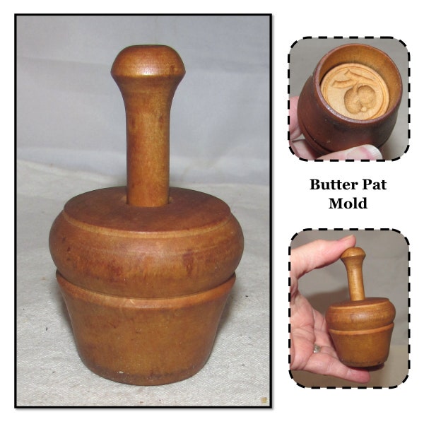 Small - Vintage Wood Butter Pat Mold Press with Apple