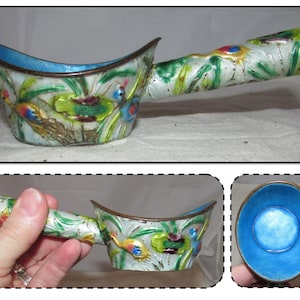 Vintage Enameled Cloisonne Asian Silk Iron, Birds & Flowers, China, blue