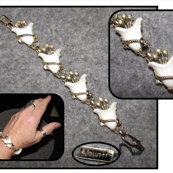 Vintage Gold Tone & White Thermostat Plastic Flowers w/ Rhinestones Link Bracelet by Volupte