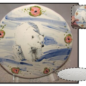 Vintage Hand Painted Pottery Plate Dish w/ Polar Bears, Signed B. Bledsoe