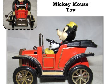 Vintage 1981 Lever Action Rolling Mickey Mouse Driving Car by Masudaya, Japan, Working Condition