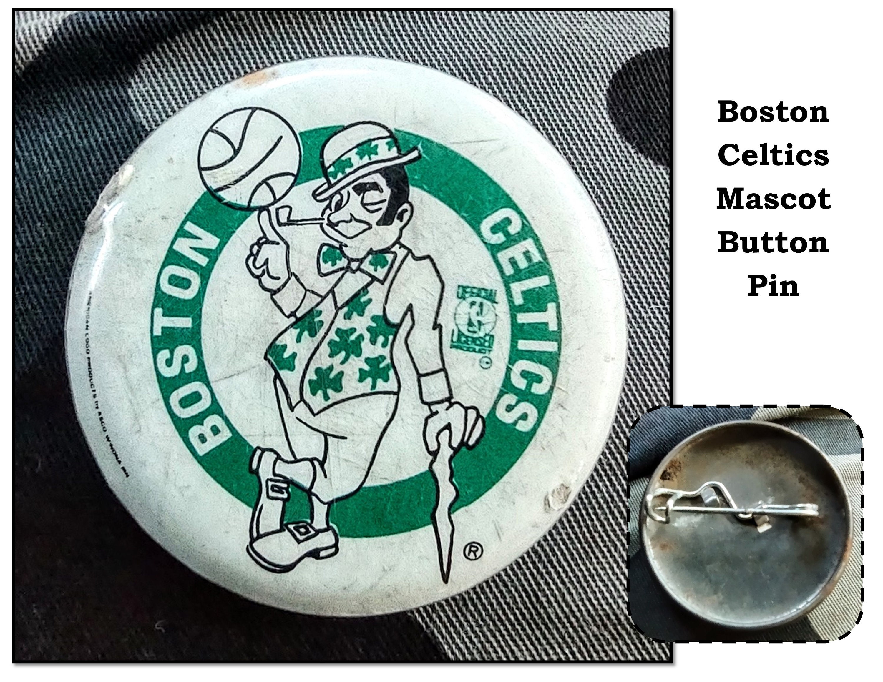 Vintage Boston Celtics Button Pin, Lucky the Leprechaun Mascot