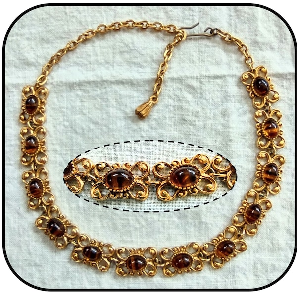 Vintage Adjustable Brown & Gold Faux Tigers Eye Glass Cabochons Choker Necklace, Gold Plated