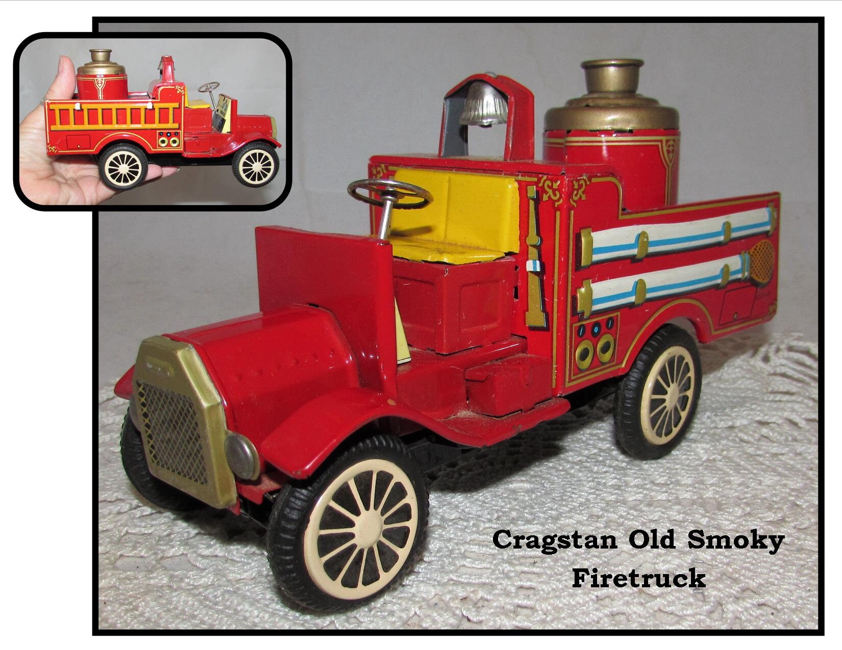 Vintage Lithograph Tin Toy Friction Firetruck, Old Smoky by