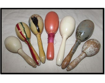 7 - Vintage Wood Painted Darning Eggs with Handles, Sewing notion tool