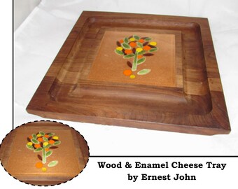 Vintage Teak Wood Cheese Plate Platter Enamel Copper Fruit Tree Center by Ernest Sohn