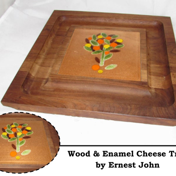 Vintage Teak Wood Cheese Plate Platter Enamel Copper Fruit Tree Center by Ernest Sohn