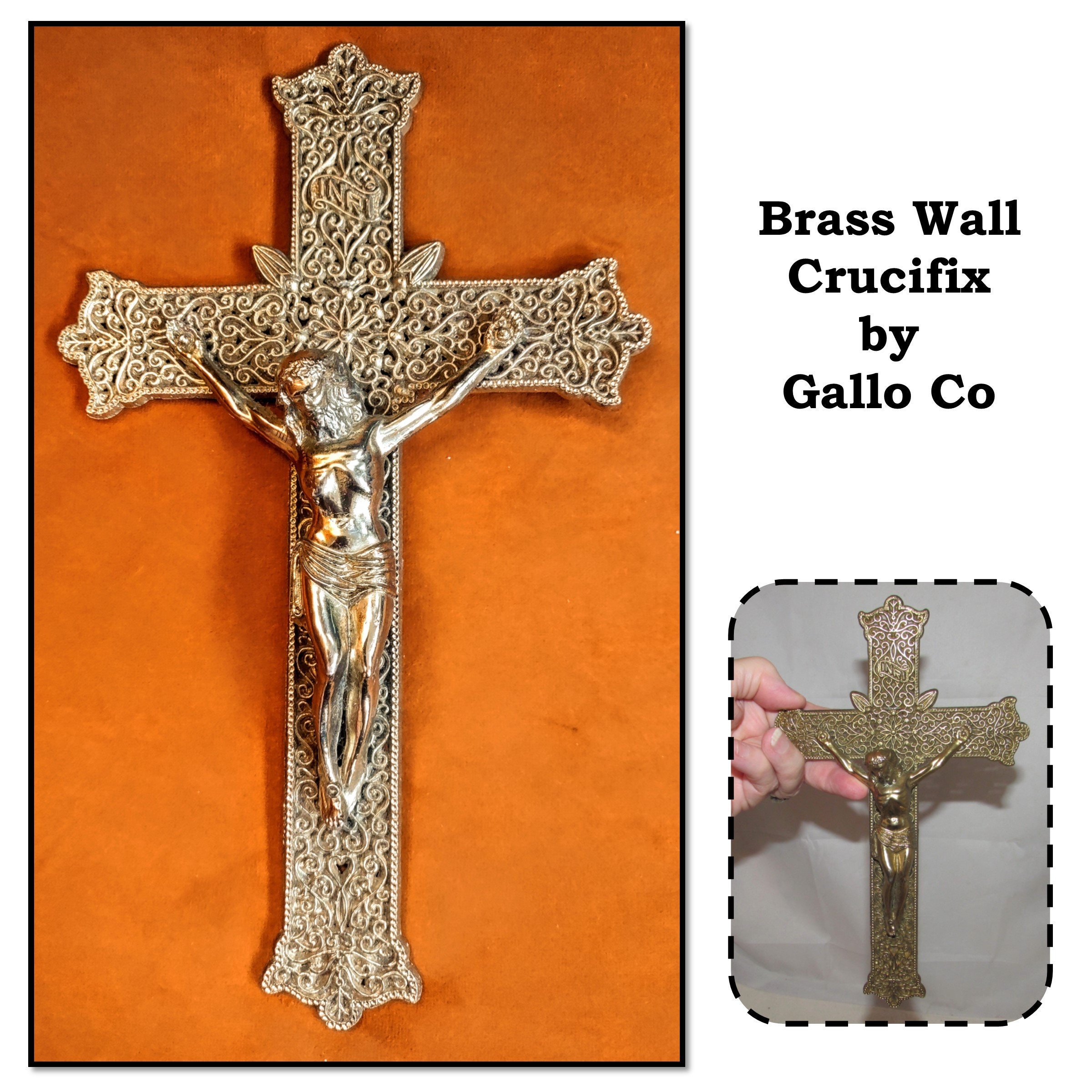 Vintage Gilded Brass Filigree Wall Cross, Crucifix of Jesus by