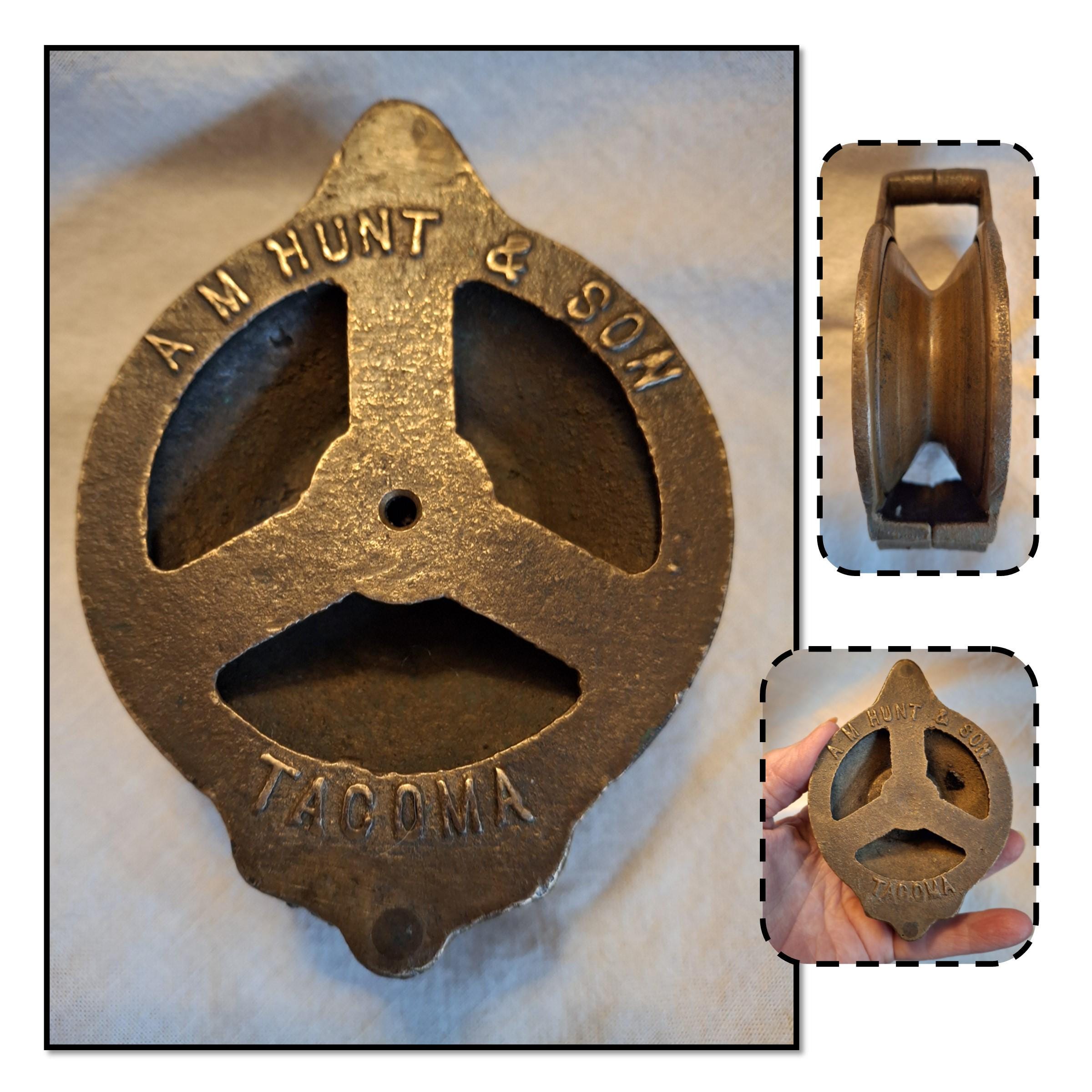 Antique 3" Brass Pulley by A M Hunt & Son, Tacoma Washington