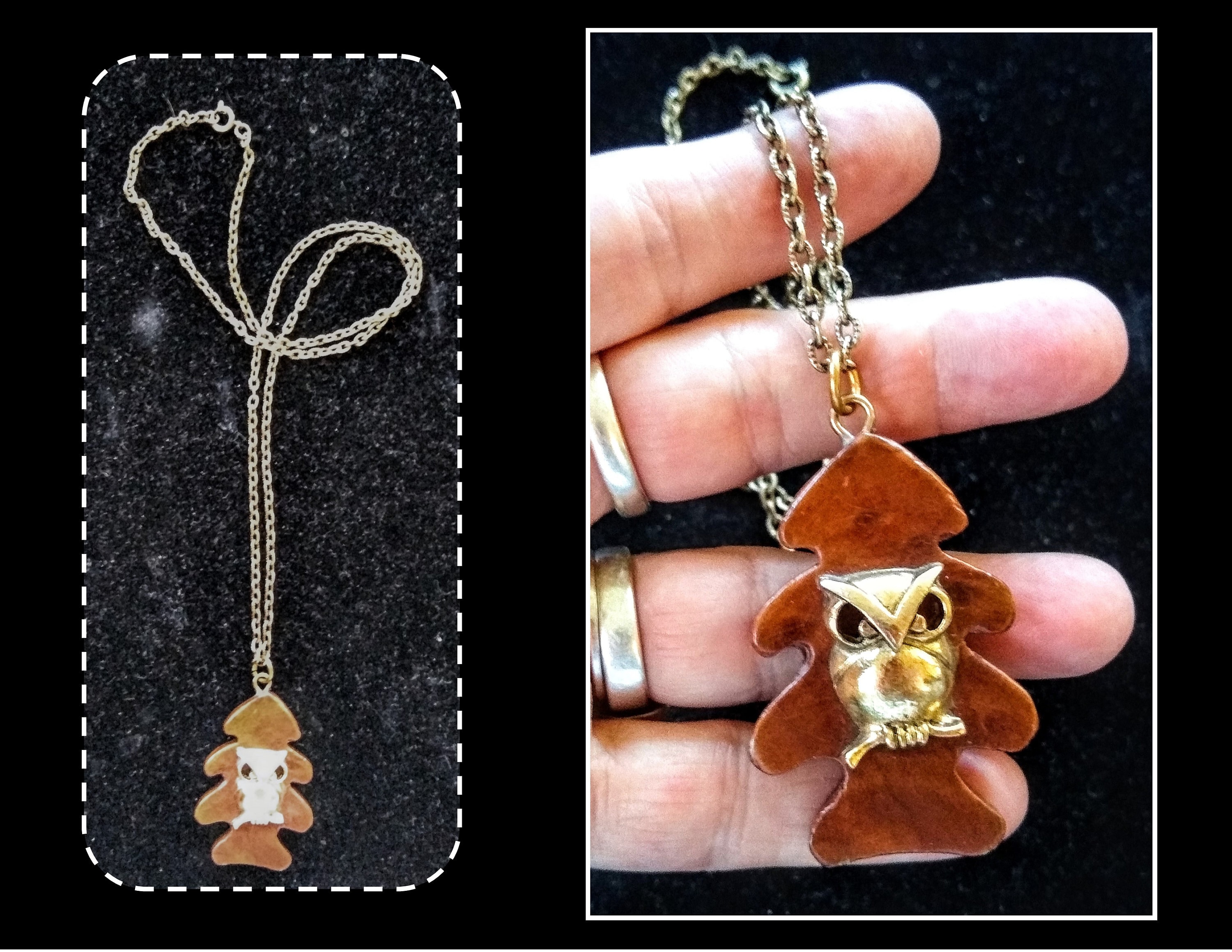 Vintage Brass Owl Sitting in a Tree Pendant Necklace w/ Gold Tone Link Chain